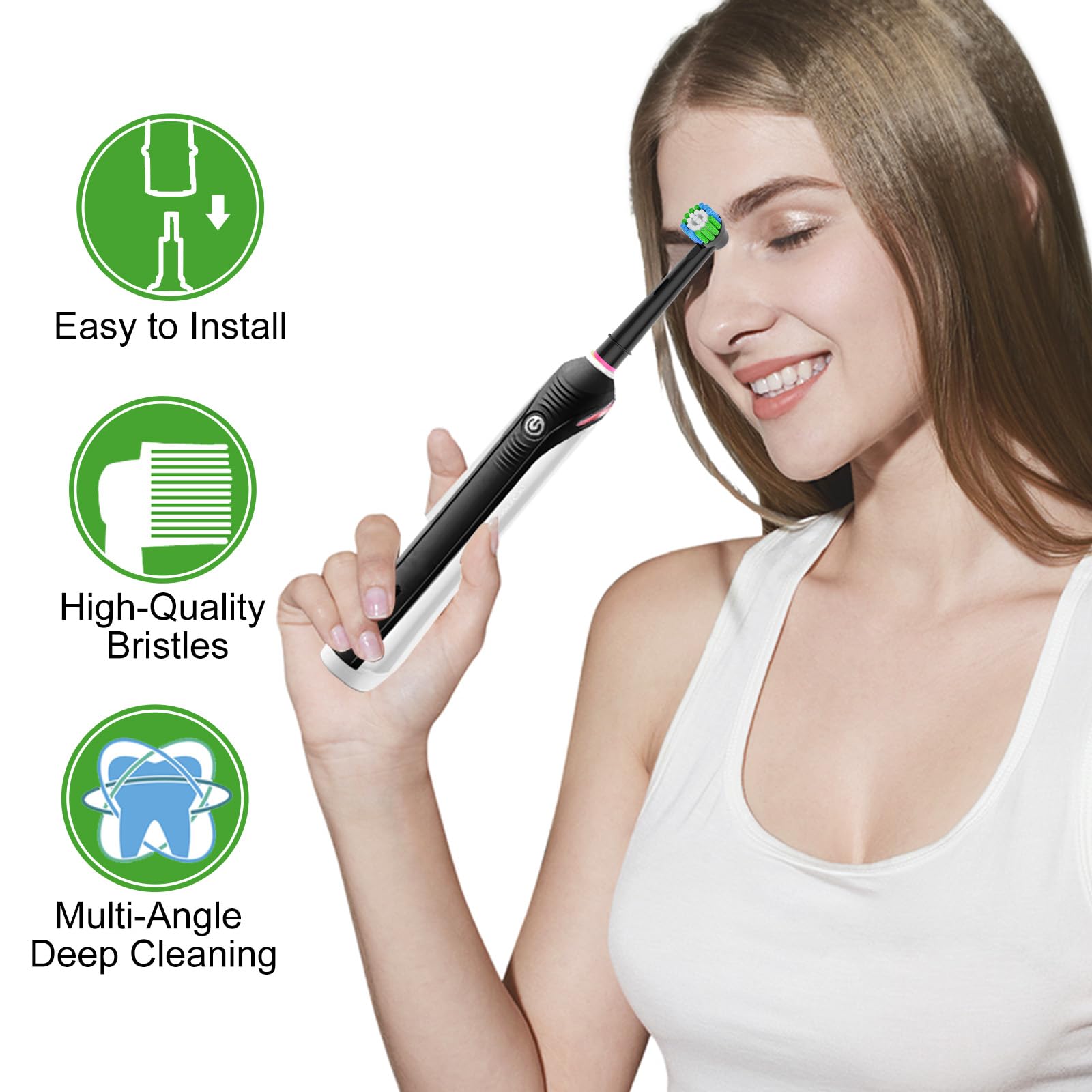 Close-up of bristles on Oral-B replacement brush heads, black 8-pack