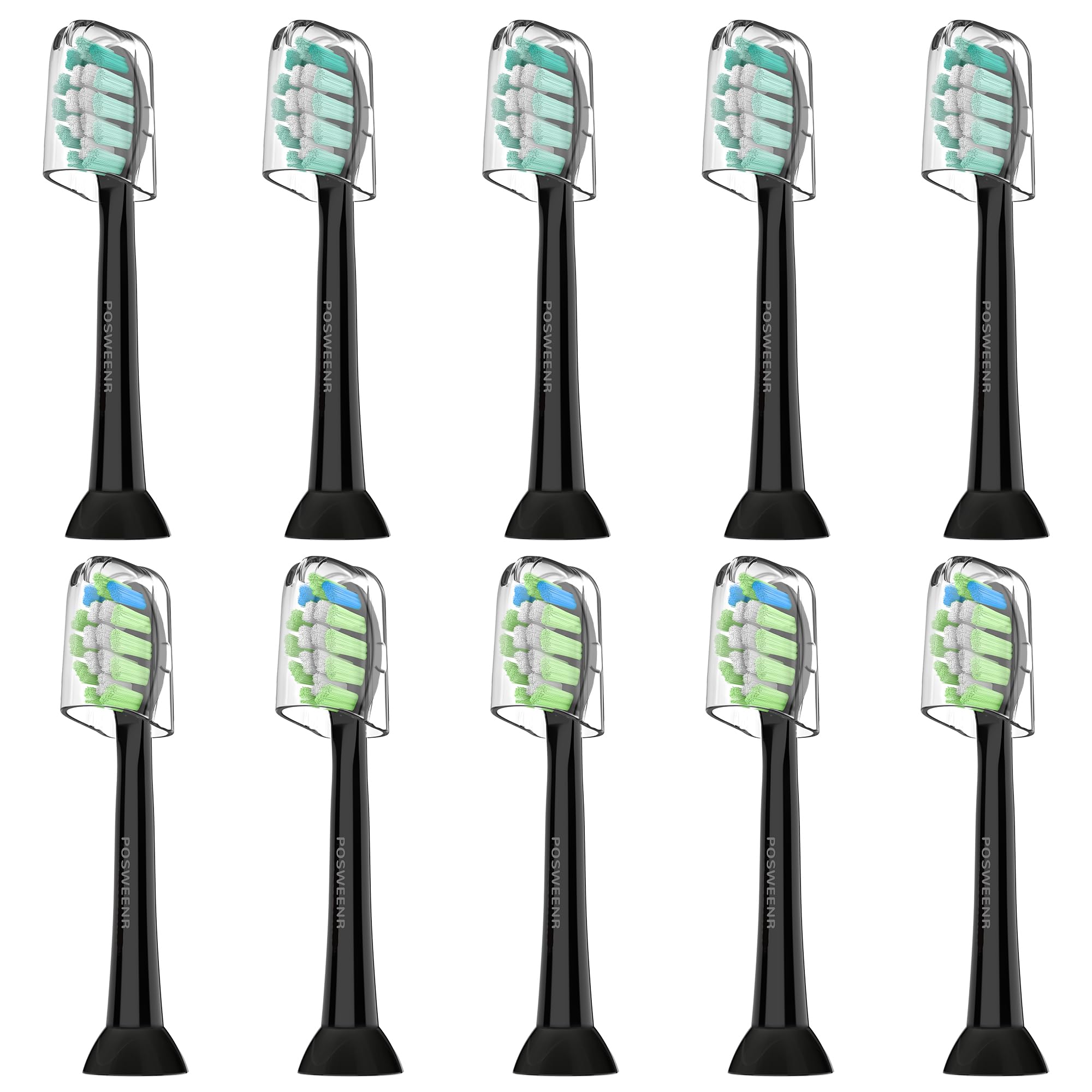 10-pack replacement Philips Sonicare toothbrush heads in black with caps