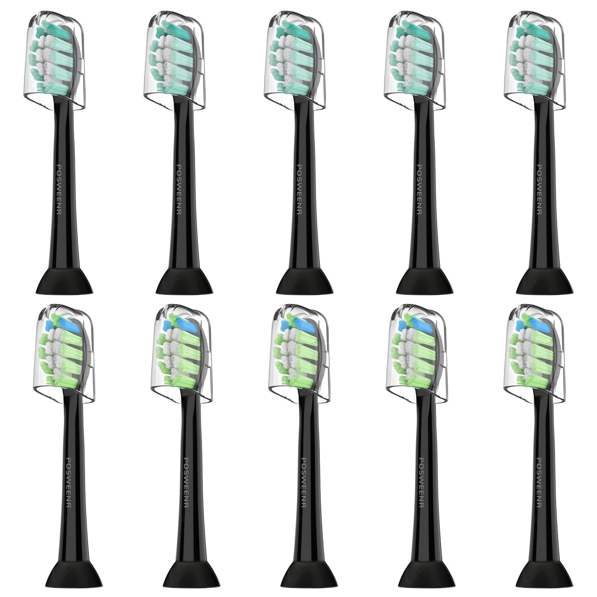 10-pack replacement Philips Sonicare toothbrush heads in black with caps