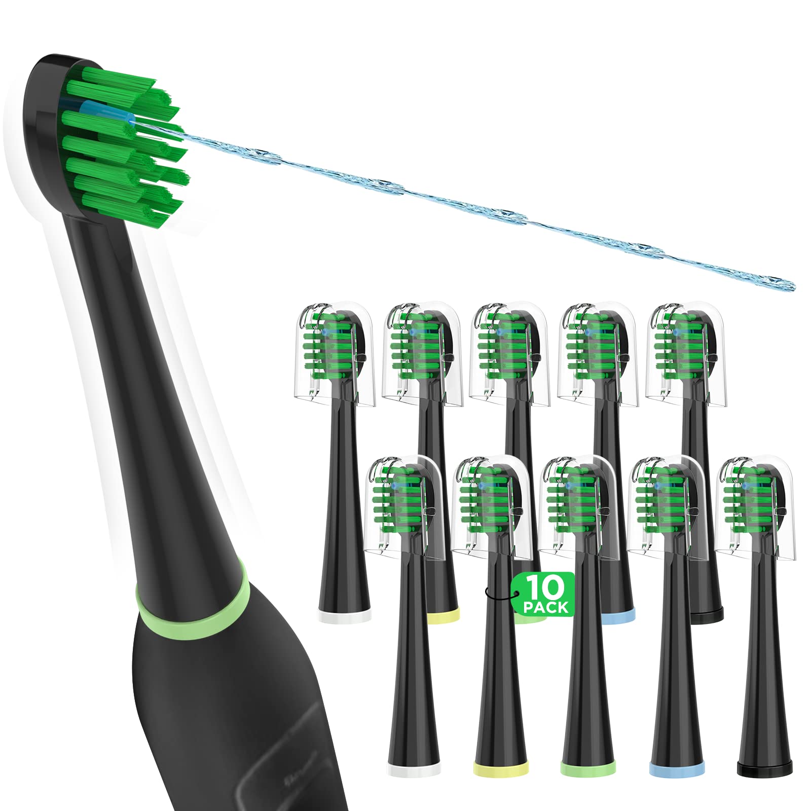 Replacement toothbrush heads for Waterpik Sonic Fusion SF-01 to SF-04 in black with crystal covers (10-pack)