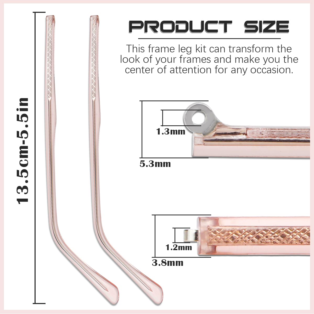 replacement glasses arm for thin metal frames in rose gold