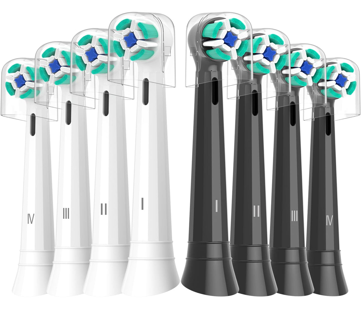 Eight-pack replacement heads for Oral-B iO in white and black