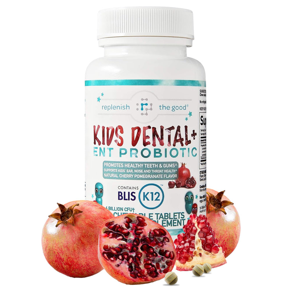 Front label of Replenish the Good Kids Dental Probiotic Chewables bottle