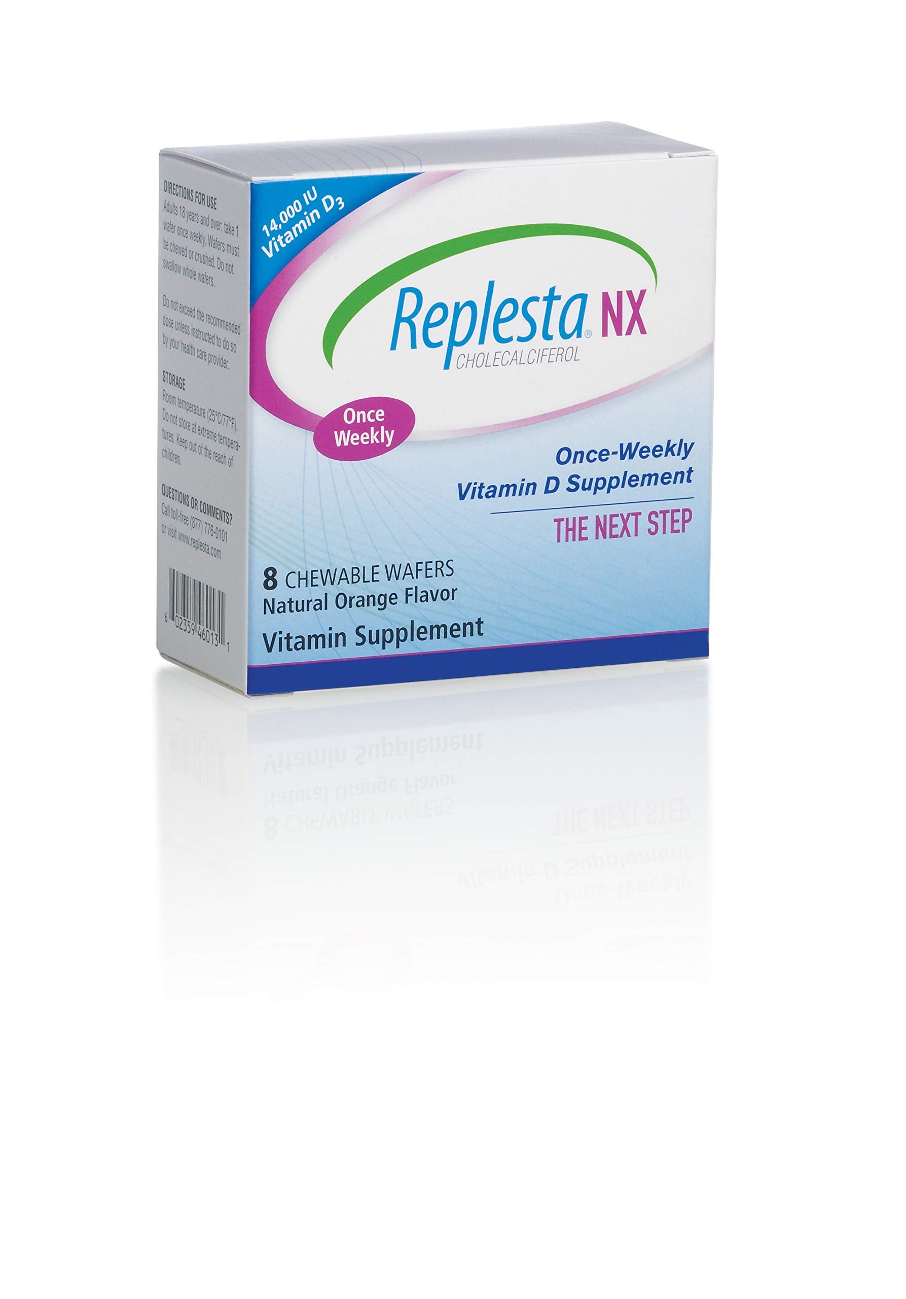 Front view of Replesta NX 14,000 IU vitamin D3 chewable wafer bottle