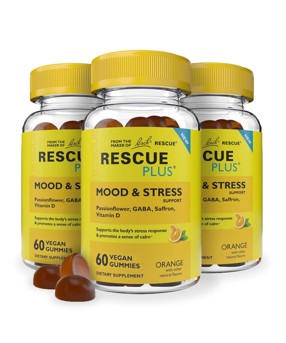 Front view of RESCUE Bach Plus Mood & Stress Gummies 3-pack box