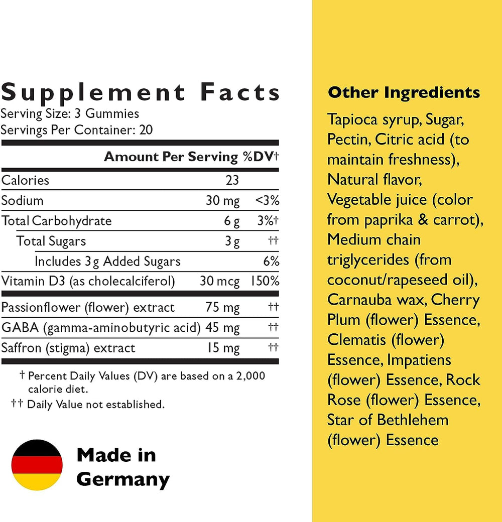 Product label highlighting saffron, passionflower, GABA, and Vitamin D