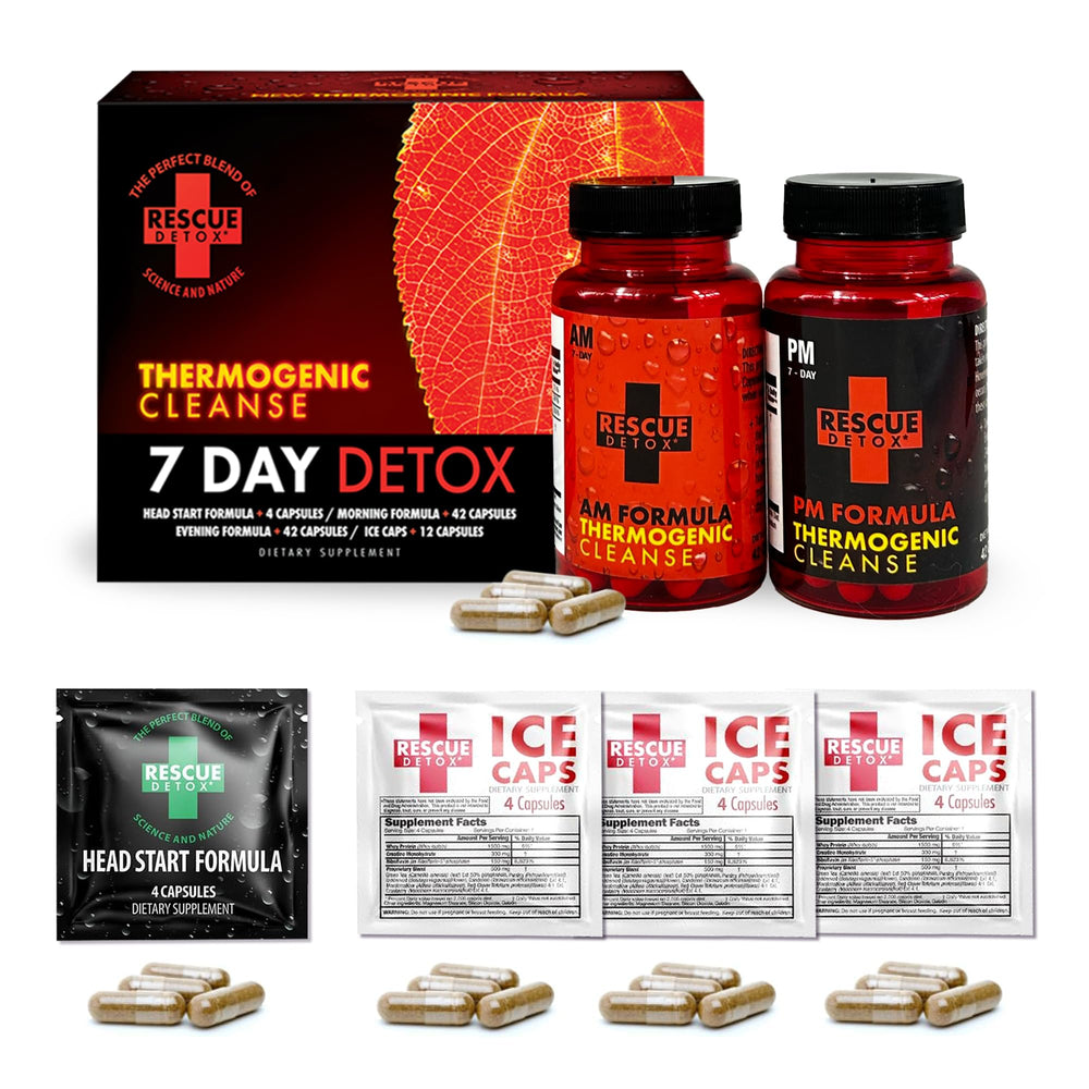 Rescue Detox 7 Day Kit box highlights full-body detox support for busy lifestyles.