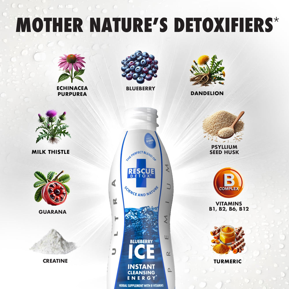 Rescue Detox ICE Blueberry 32oz bottle standing upright