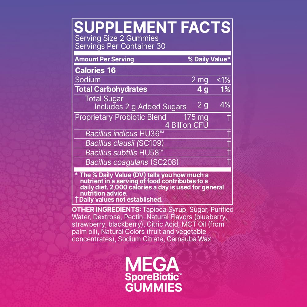 Microbiome Labs MegaSporeBiotic Gummies image with research-backed Bacillus strains.