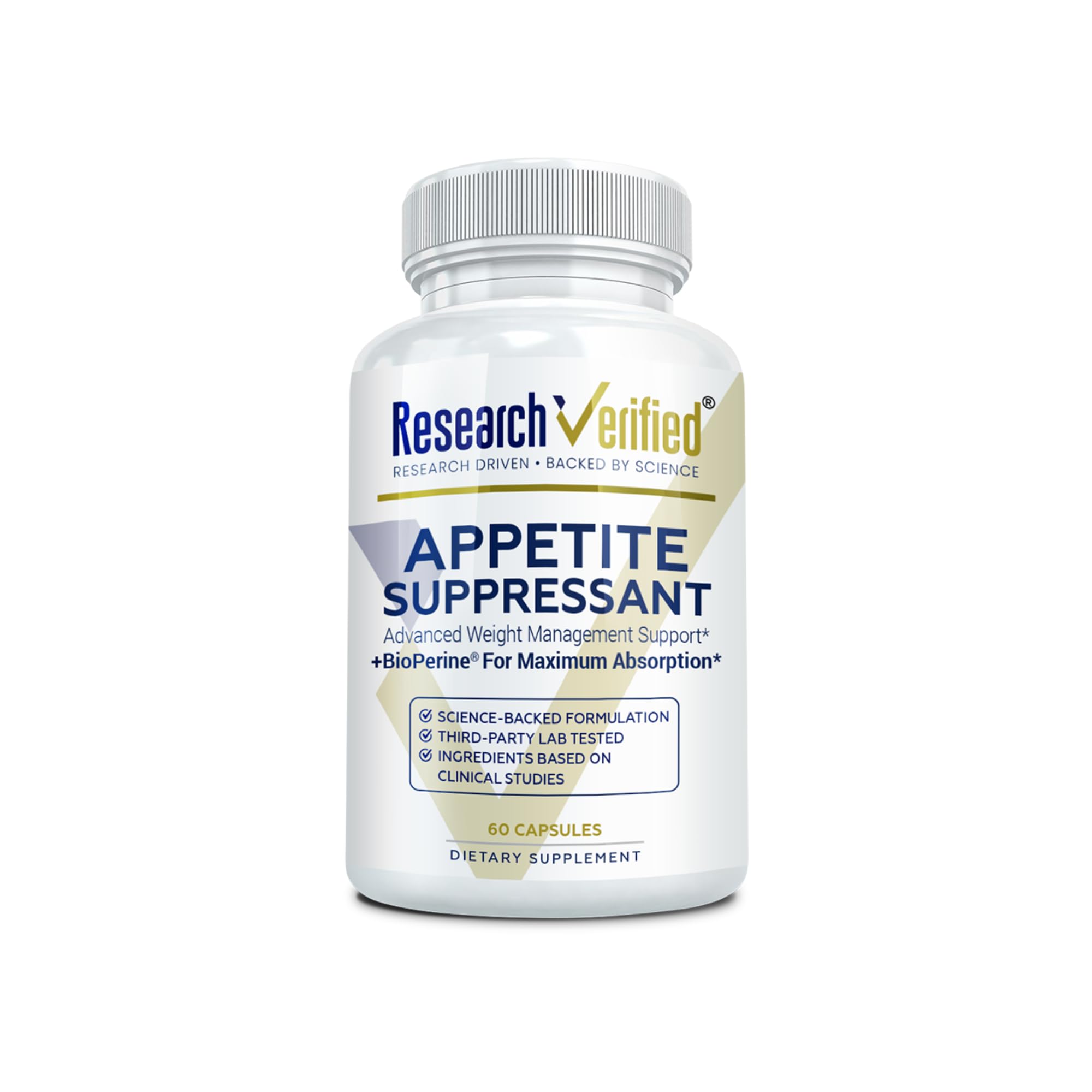 Research Verified Appetite Suppressant bottle showing daily capsule routine for satiety support
