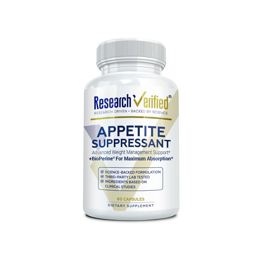 Research Verified Appetite Suppressant bottle showing daily capsule routine for satiety support