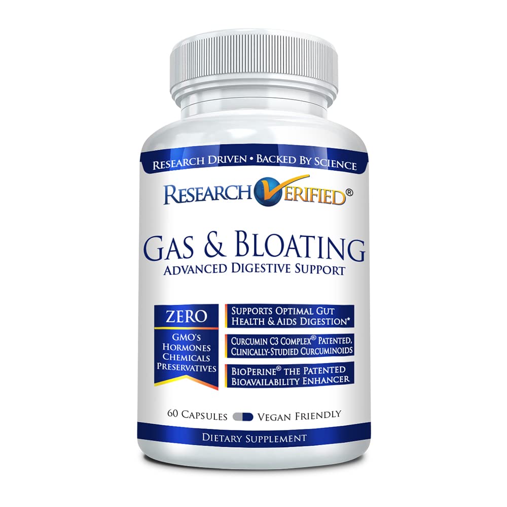 Front label of Research Verified Gas and Bloating bottle