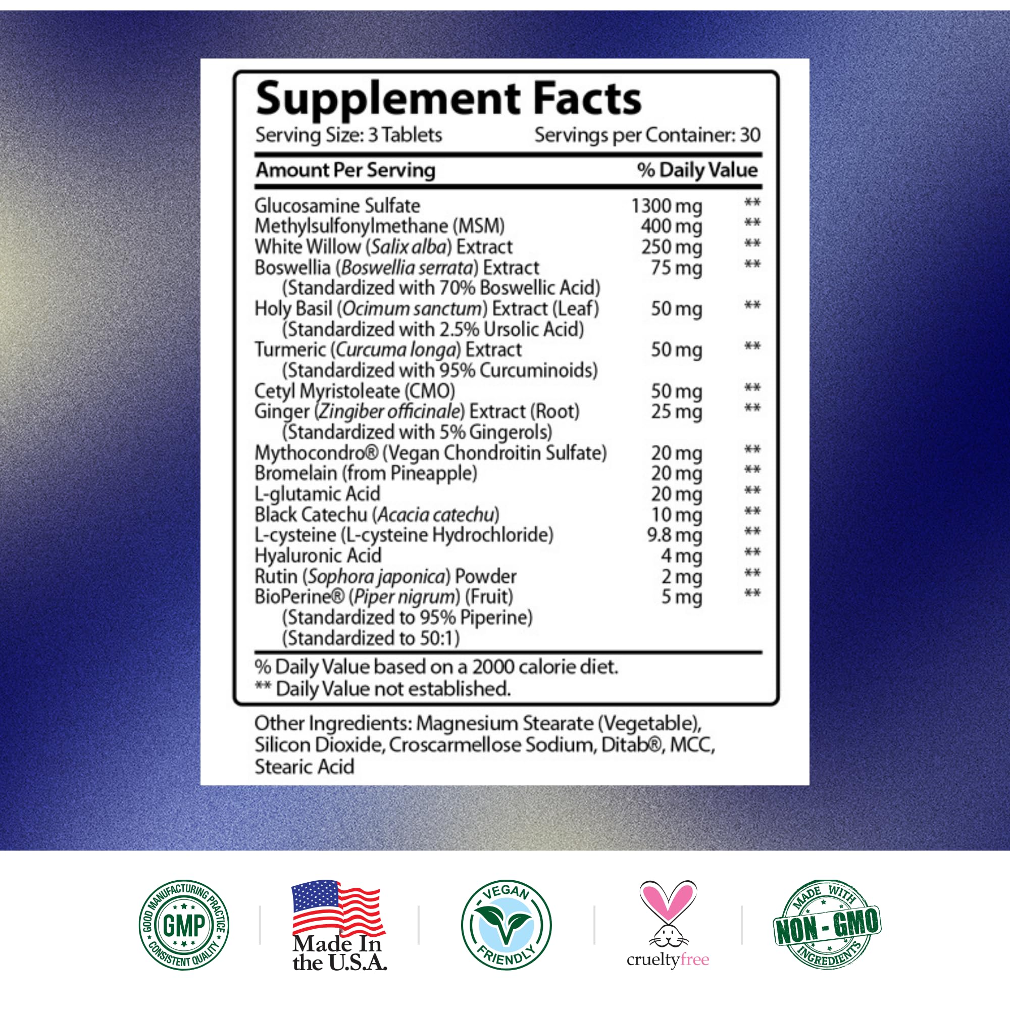 USA-made, GMP-certified facility symbol with vegan-friendly branding