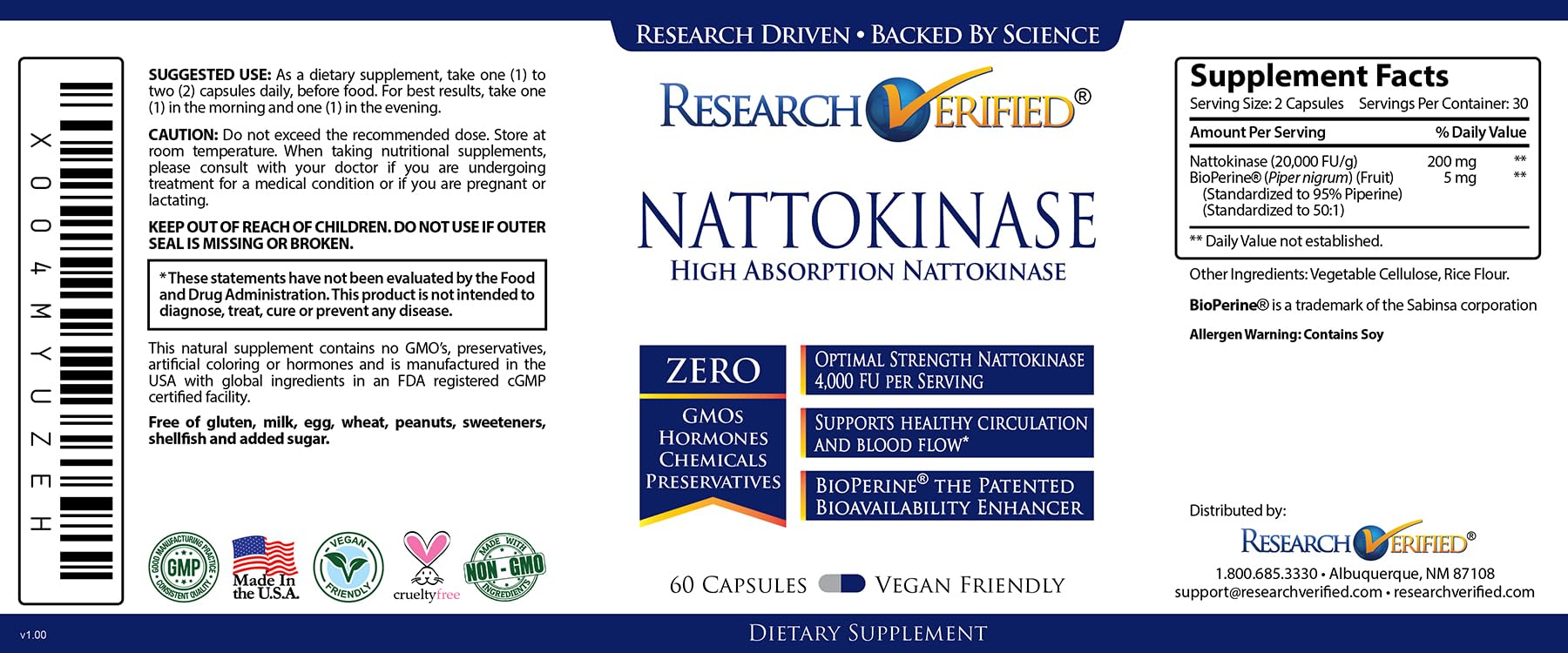 Vegan, non-GMO, USA-made nattokinase capsules