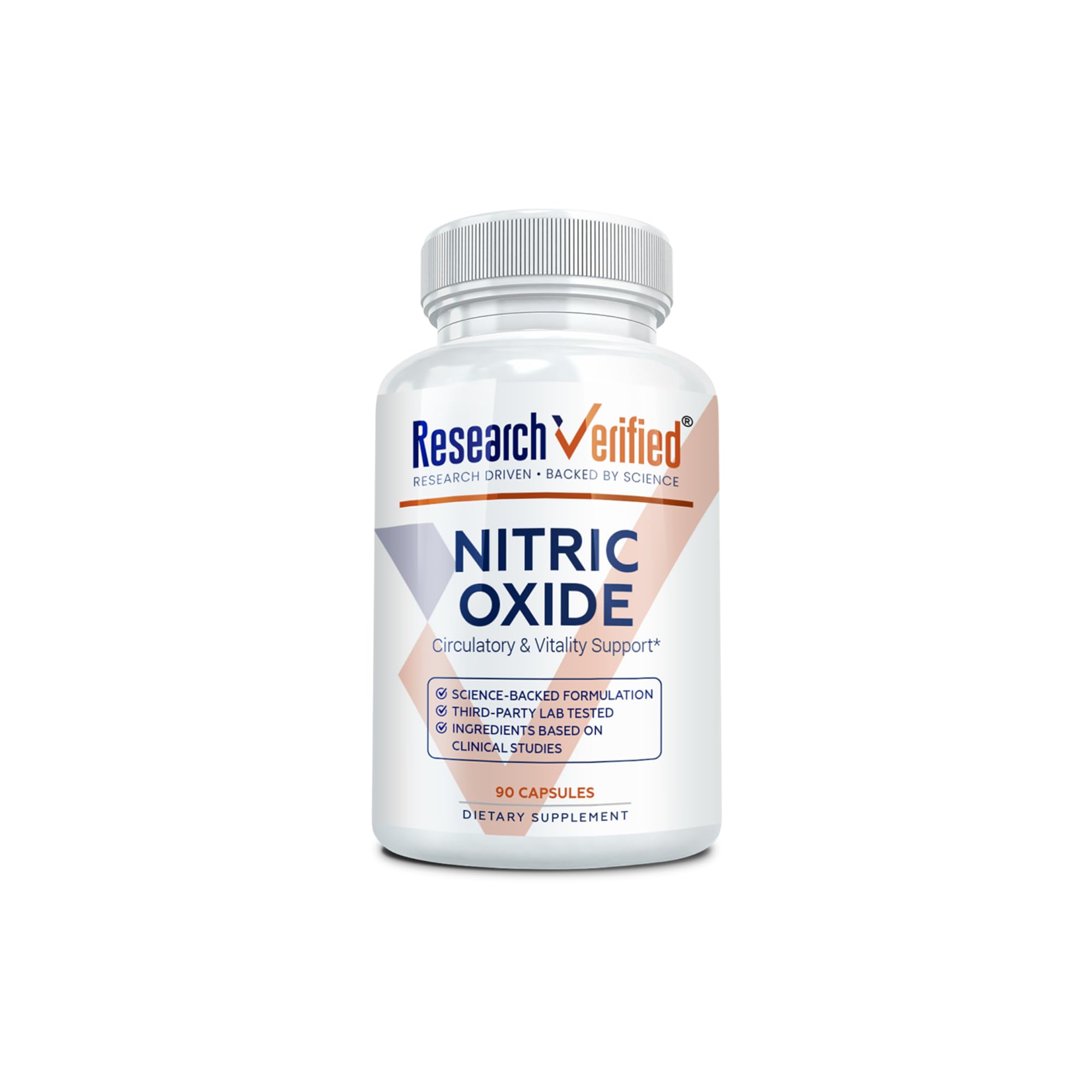 Research Verified Nitric Oxide bottle front shows label for an active lifestyle.