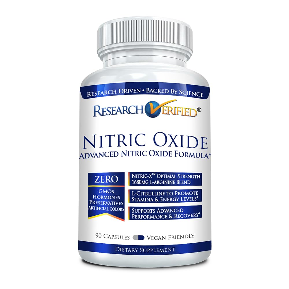 Research Verified Nitric Oxide bottle on white background