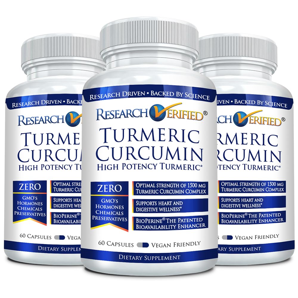 Research Verified Turmeric Curcumin bottle showing 1500mg turmeric extract with BioPerine, 180 vegan capsules.