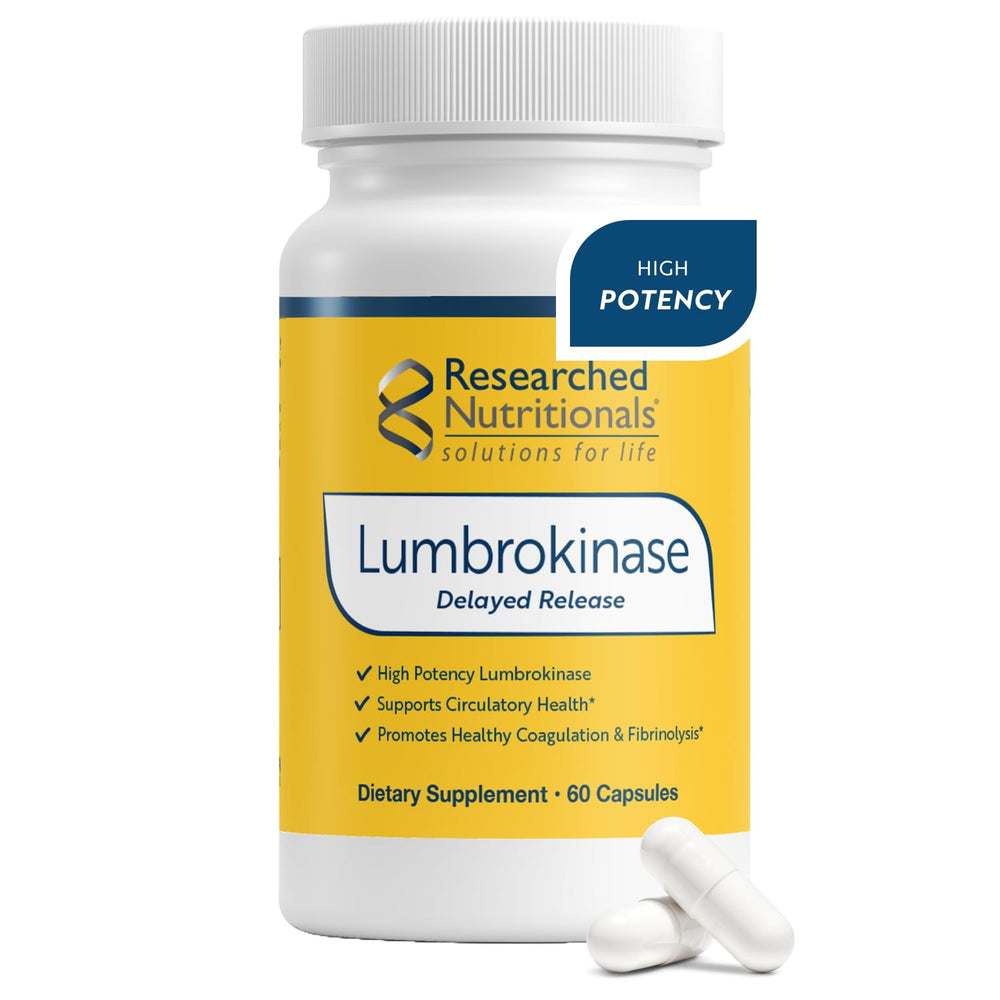 Bottle of Researched Nutritionals Lumbrokinase supplement with 60 capsules.