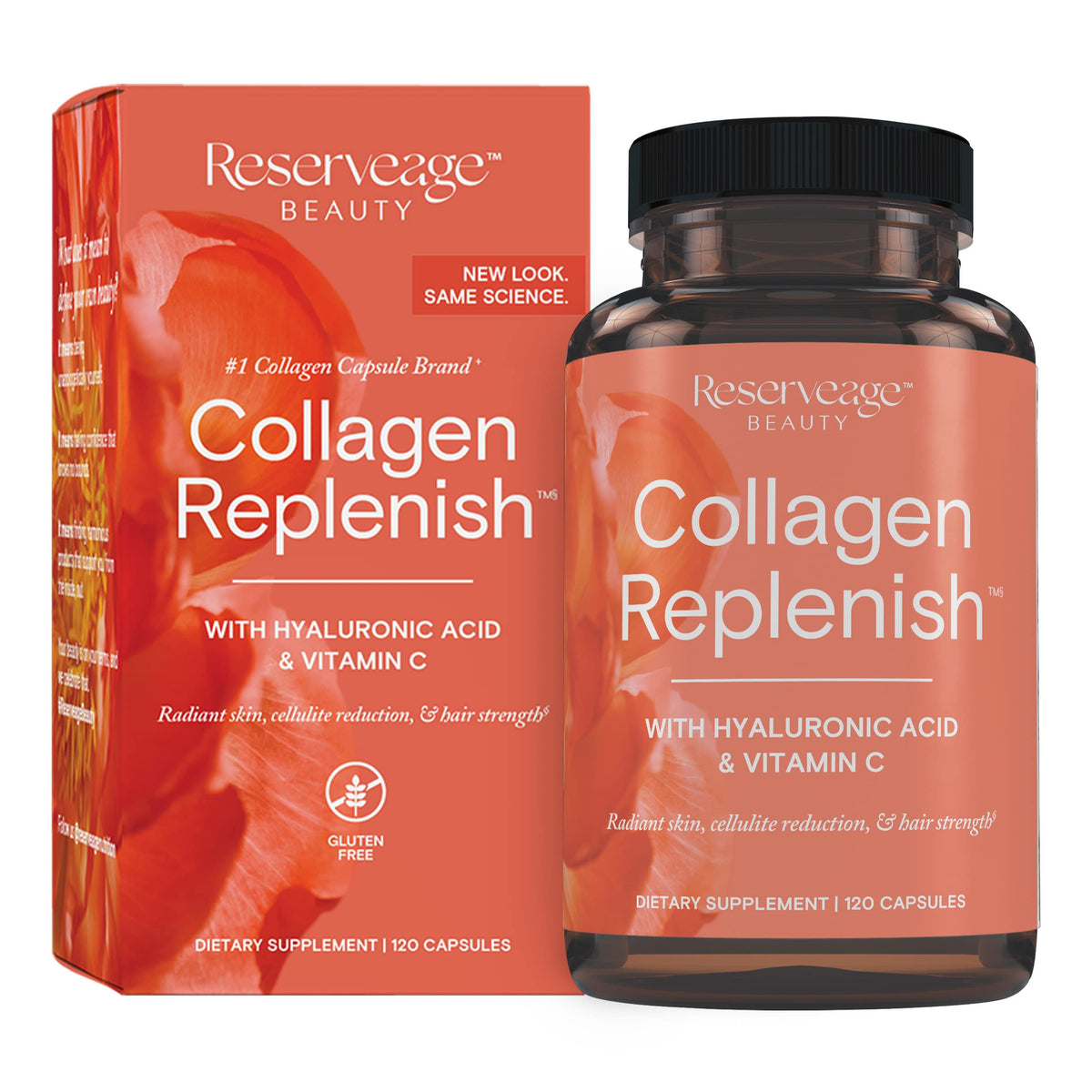 Front view of Reserveage Beauty Collagen Replenish bottle with label