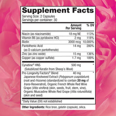Label on Keratin Hair Booster bottle showing biotin and resveratrol