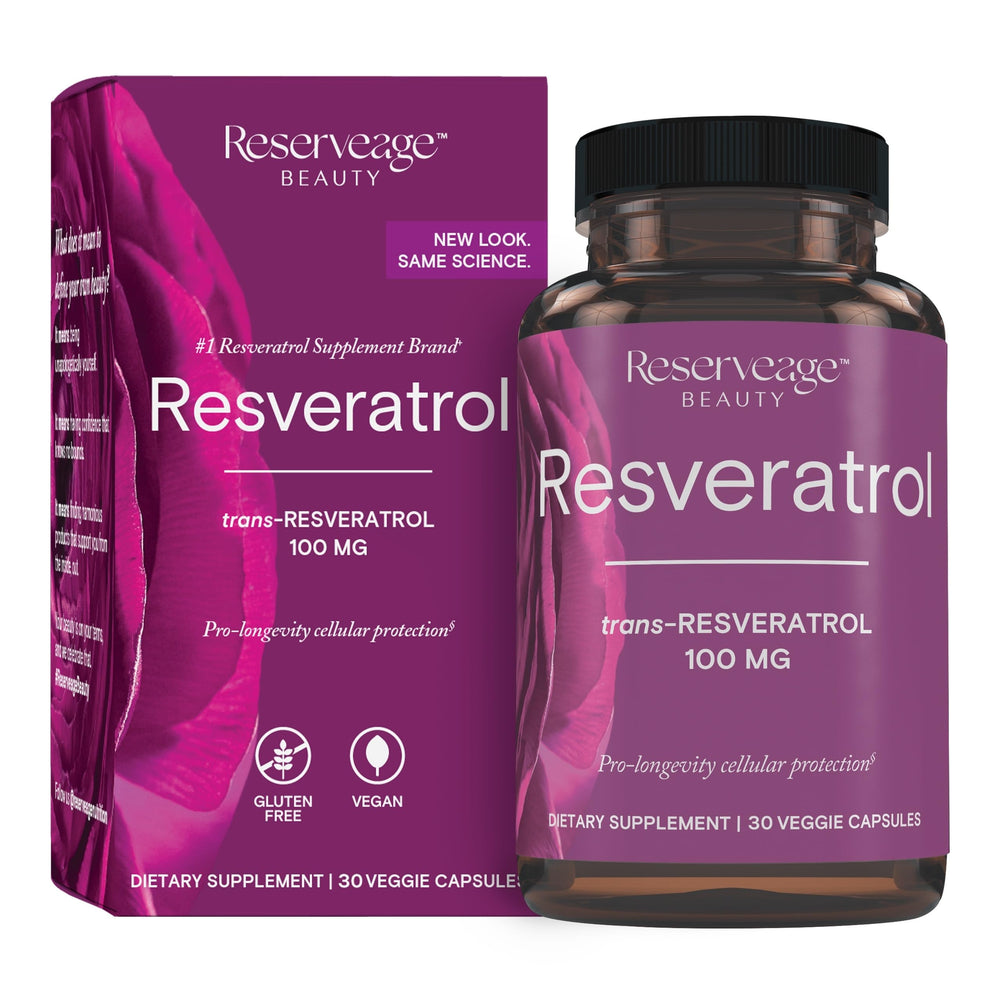 Bottle of Reserveage Beauty Resveratrol 100 mg supplement