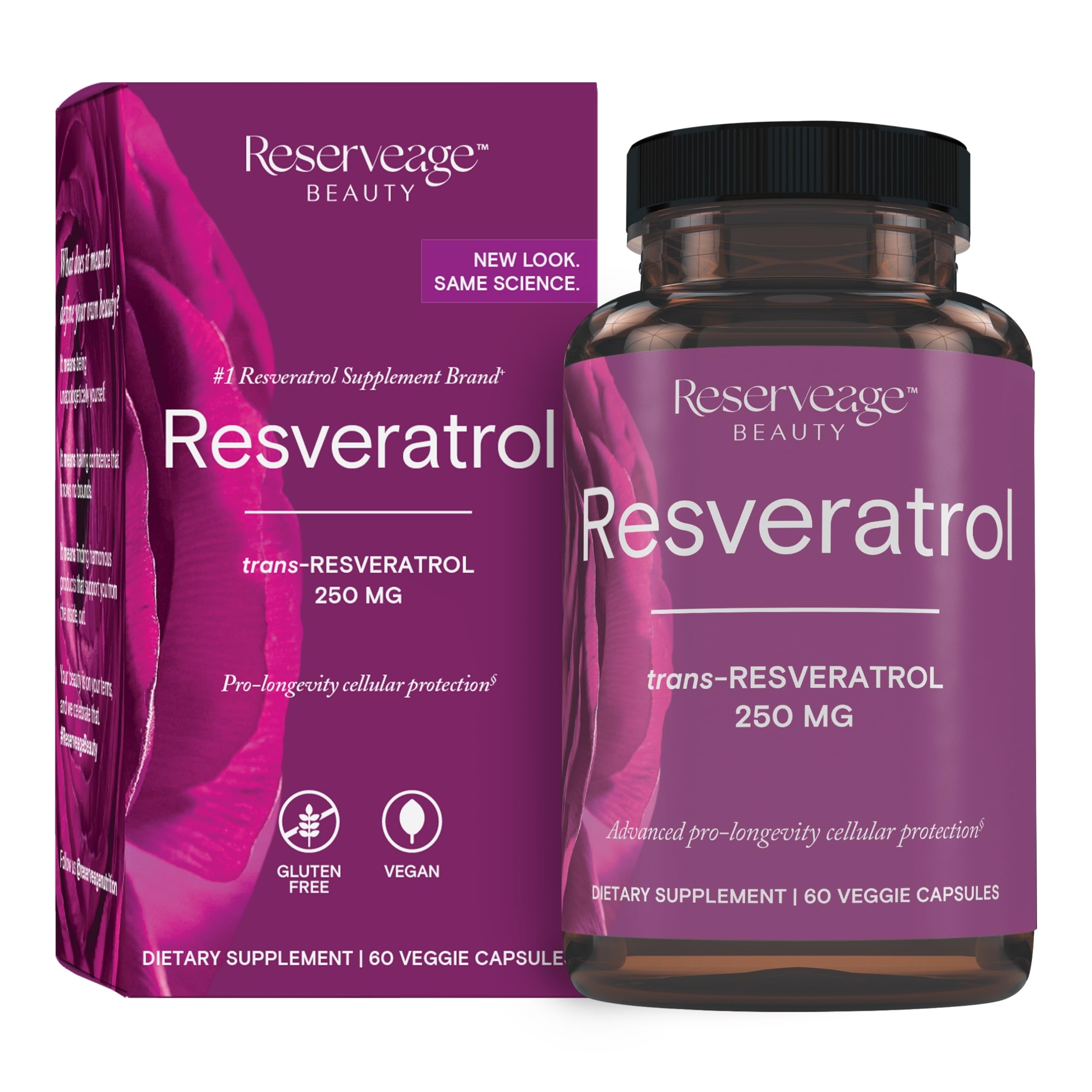 Reserveage Beauty Resveratrol 250mg bottle shows vegan antioxidant support for aging and heart health.