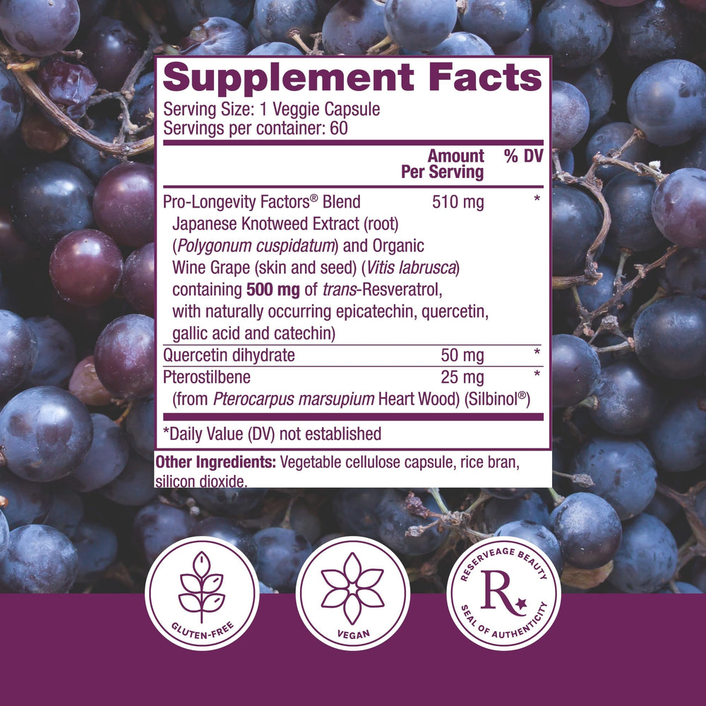 Close-up of Reserveage Beauty resveratrol and pterostilbene capsules