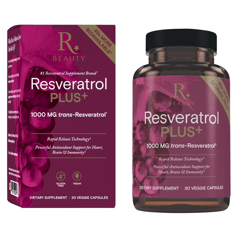 Bottle of Reserveage Beauty Resveratrol Plus+ 1000 mg vegan gluten-free capsules