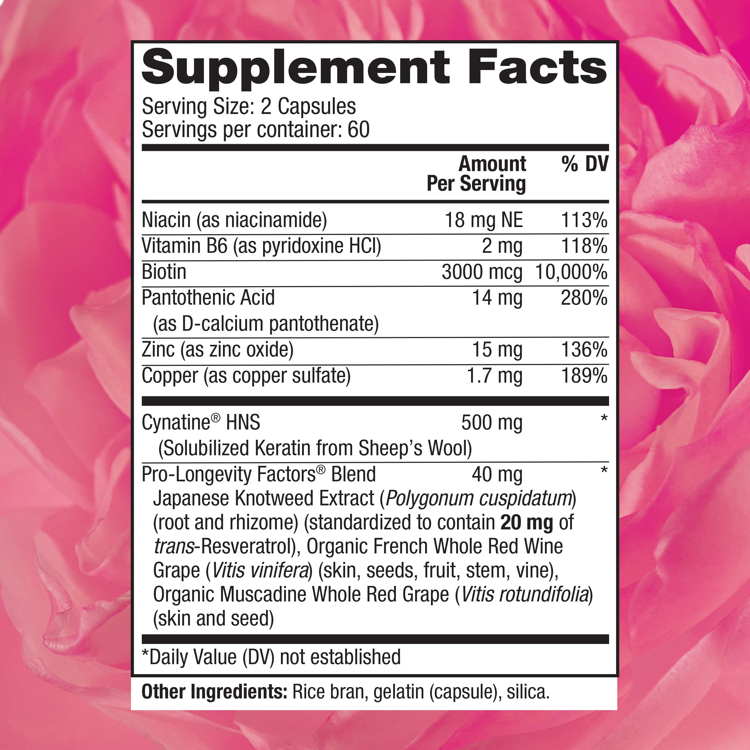 Label of Reserveage Keratin Hair Booster showing Biotin and Resveratrol