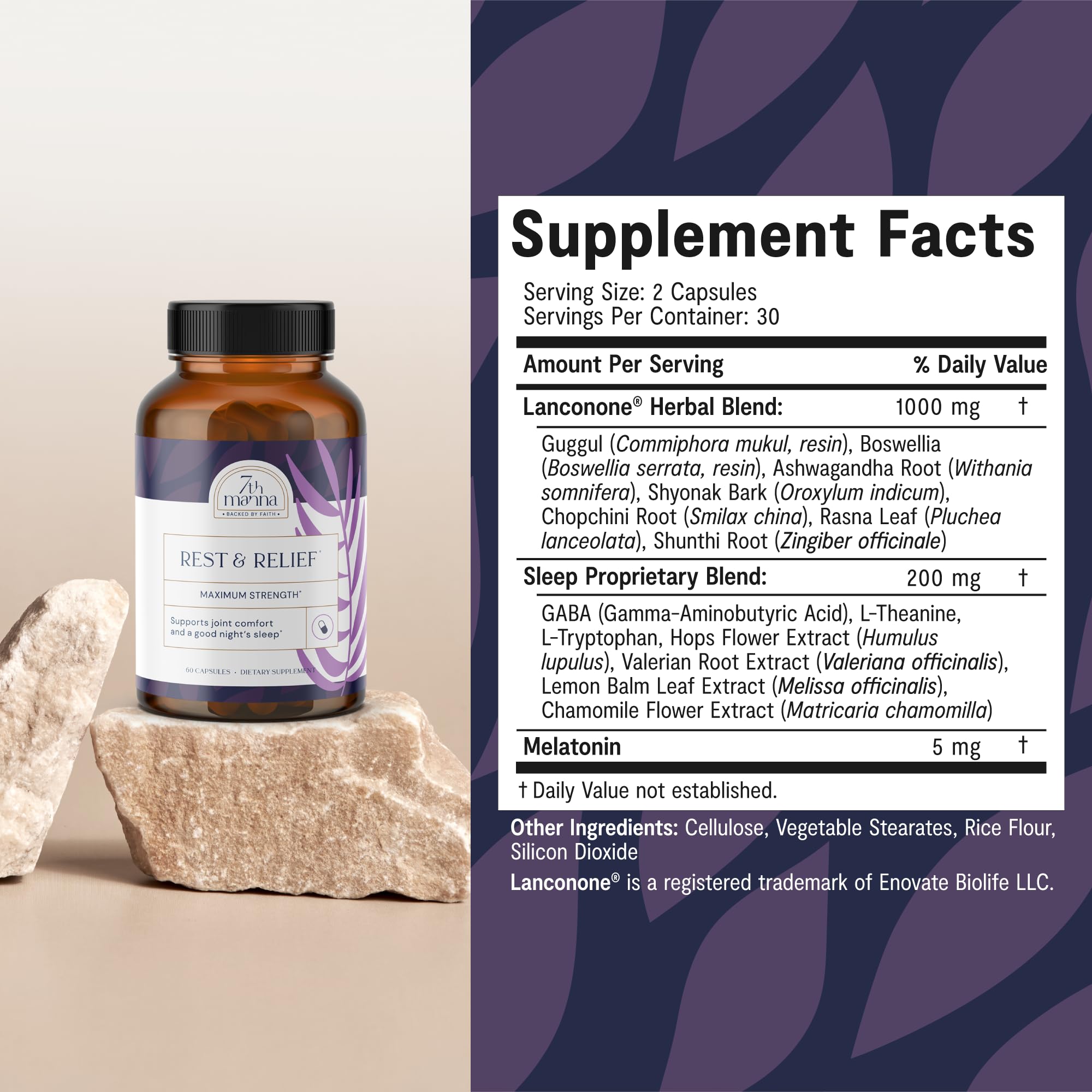 Rest & Relief bottle – back panel with supplement facts