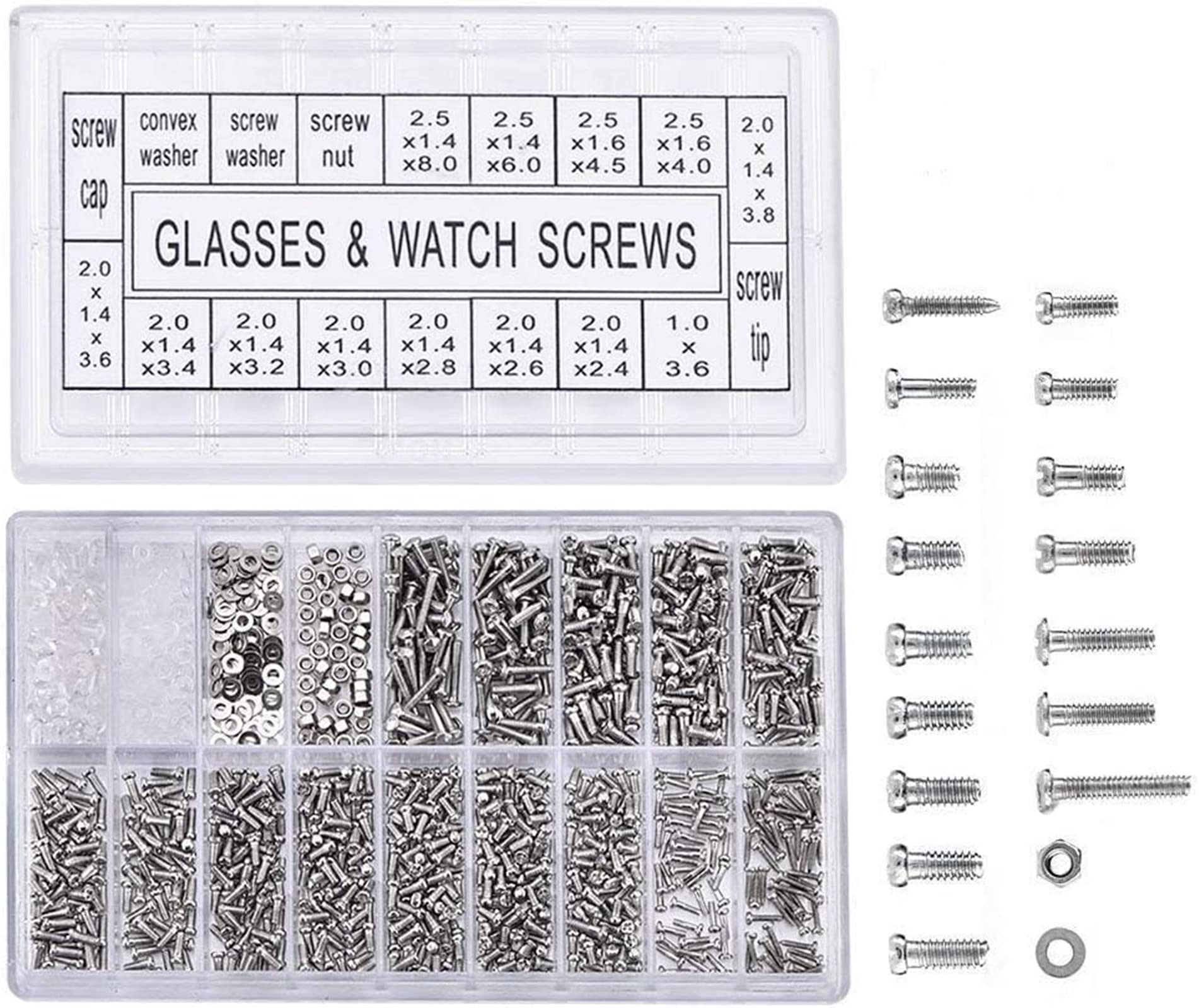Restokki 1000 pcs tiny glasses screws kit with clear plastic case front view