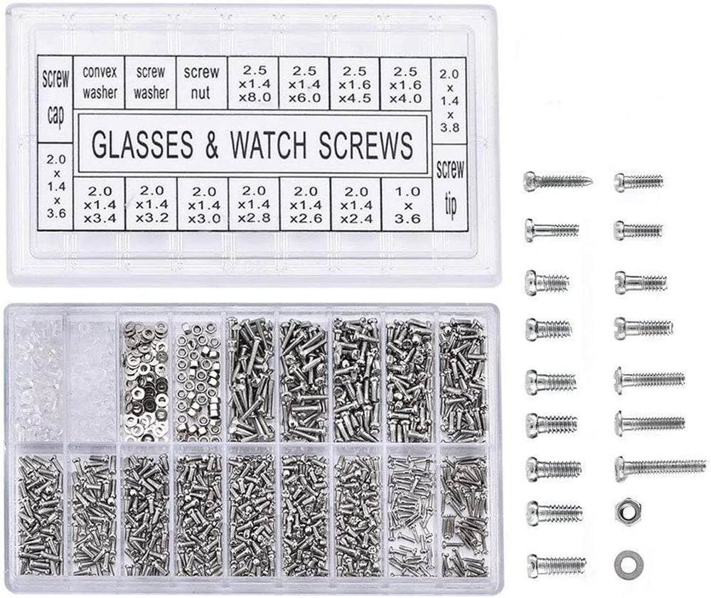 Restokki 1000 pcs tiny glasses screws kit with clear plastic case front view