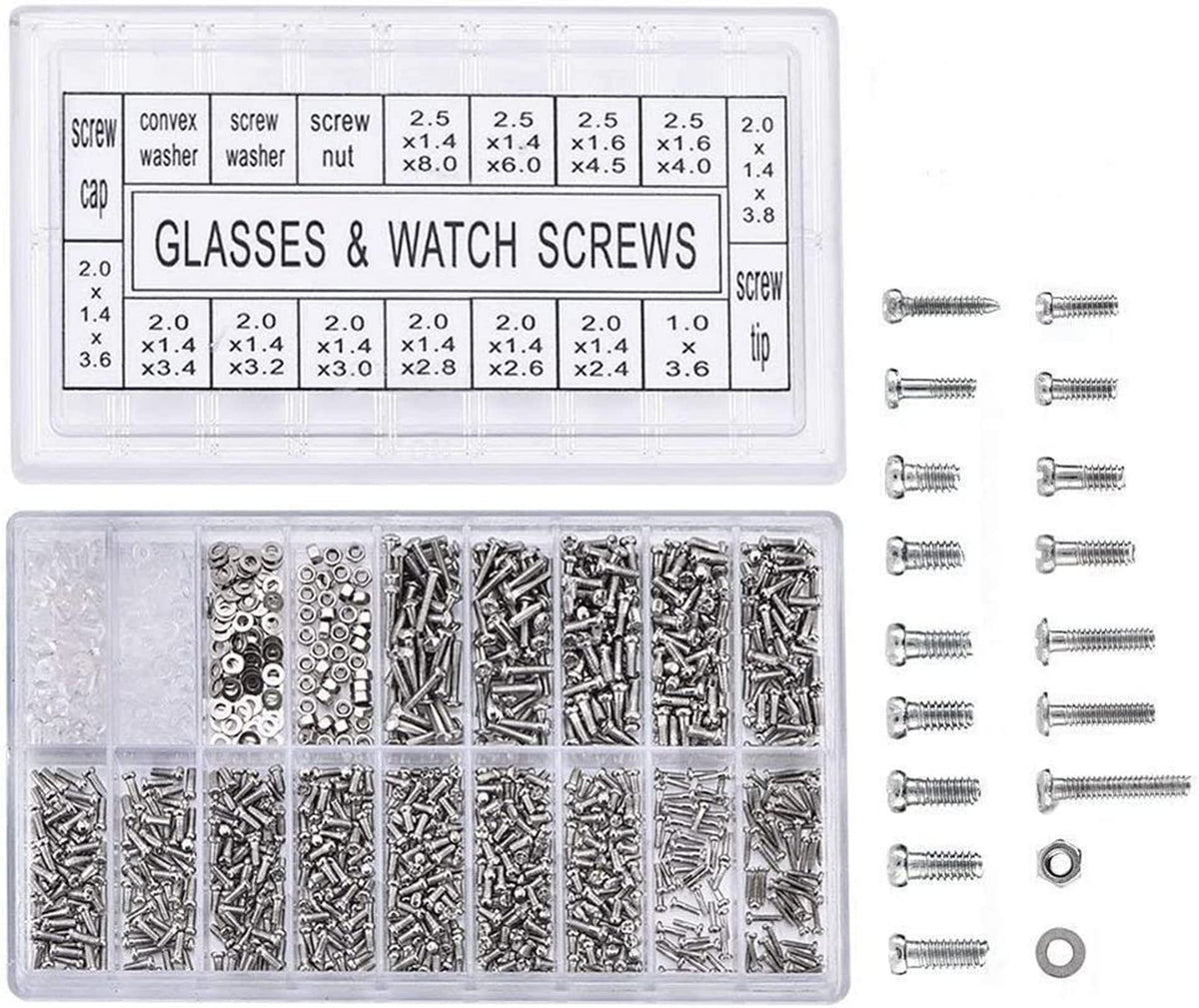 Restokki 1000 pcs tiny glasses screws kit with clear plastic case front view