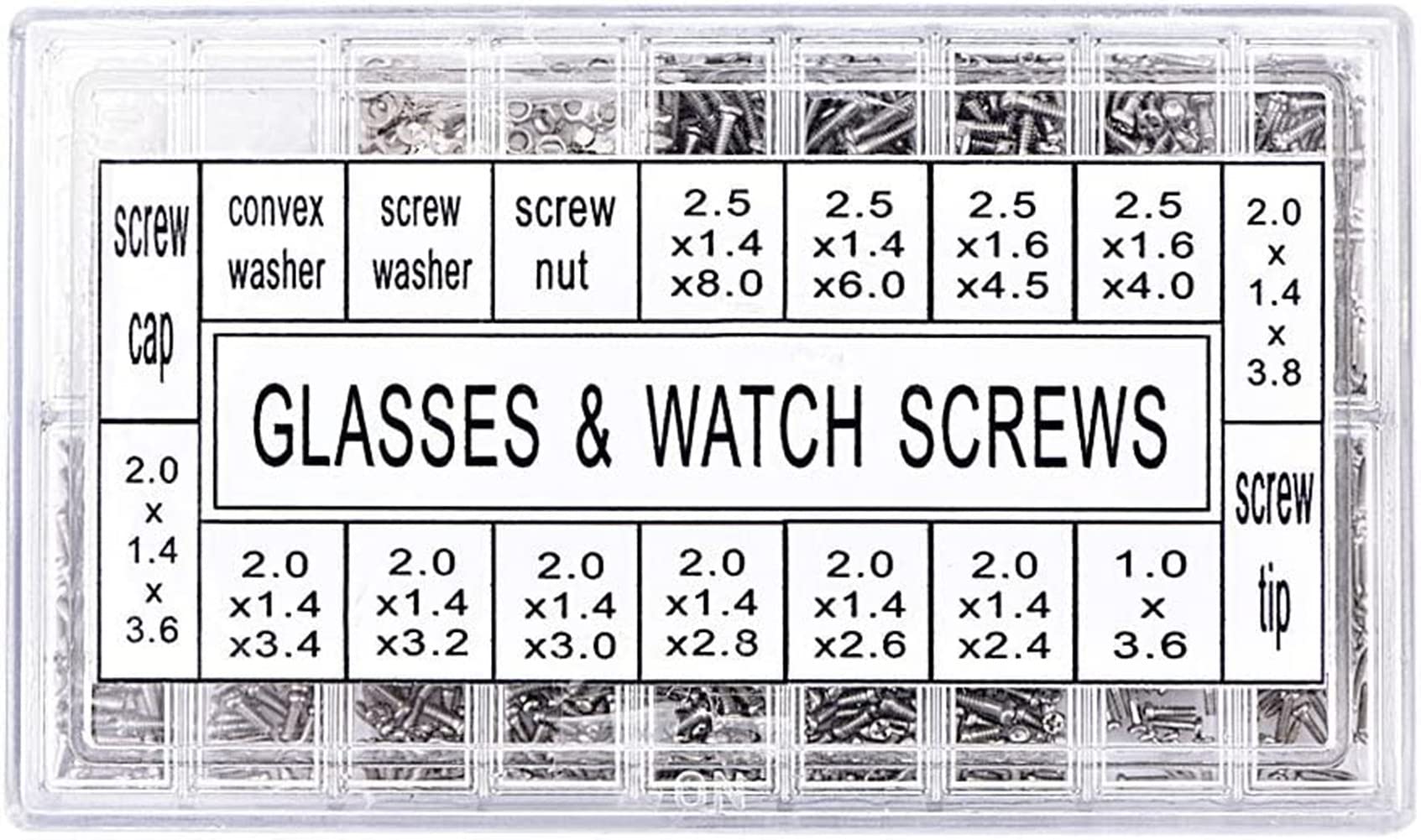 Clear plastic storage case with labeled compartments