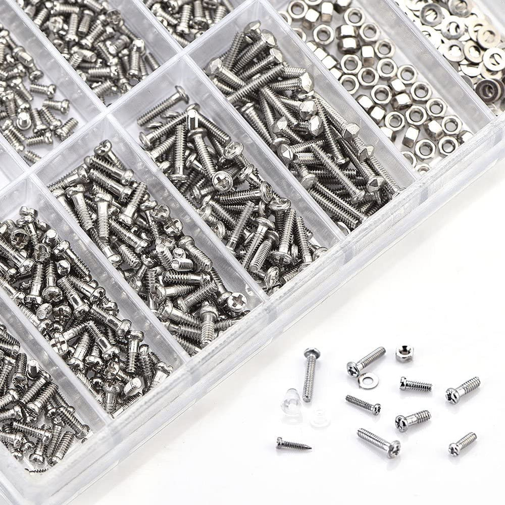 Screw tips and small hardware pieces arranged for display