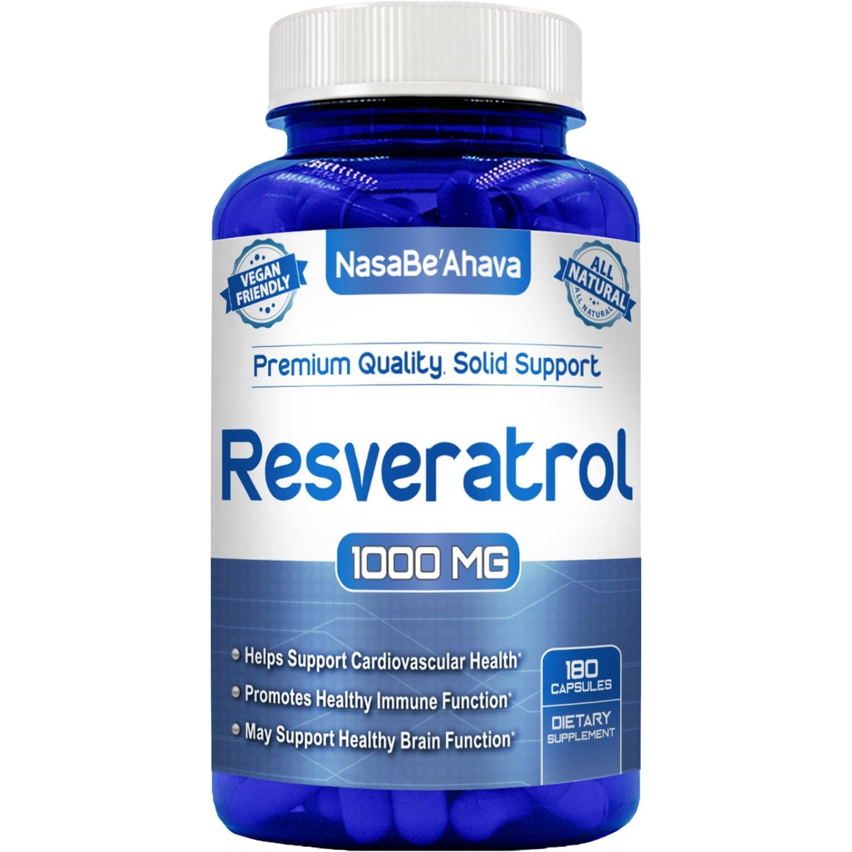 Bottle of Resveratrol 1000mg capsules with label