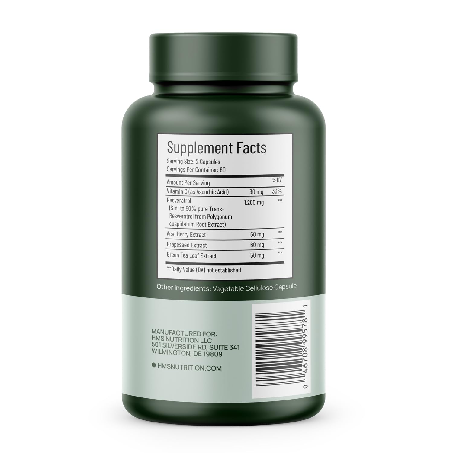 Bottle displaying 120 capsules of Resveratrol