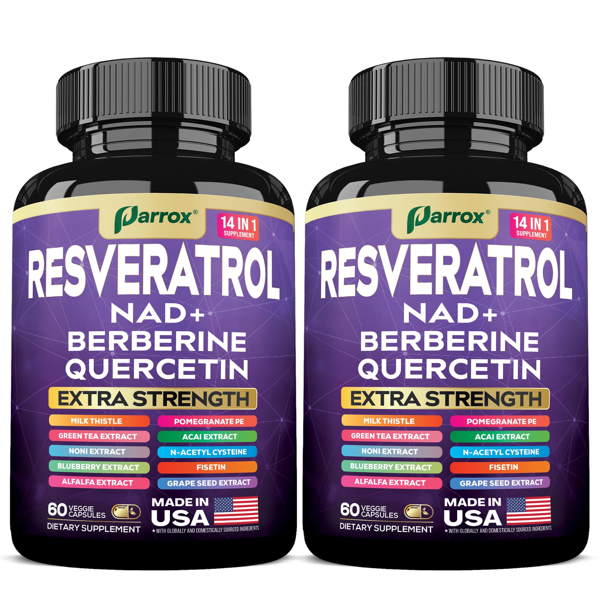 Bottle of Resveratrol 14-in-1 Extra Strength supplement with 120 capsules