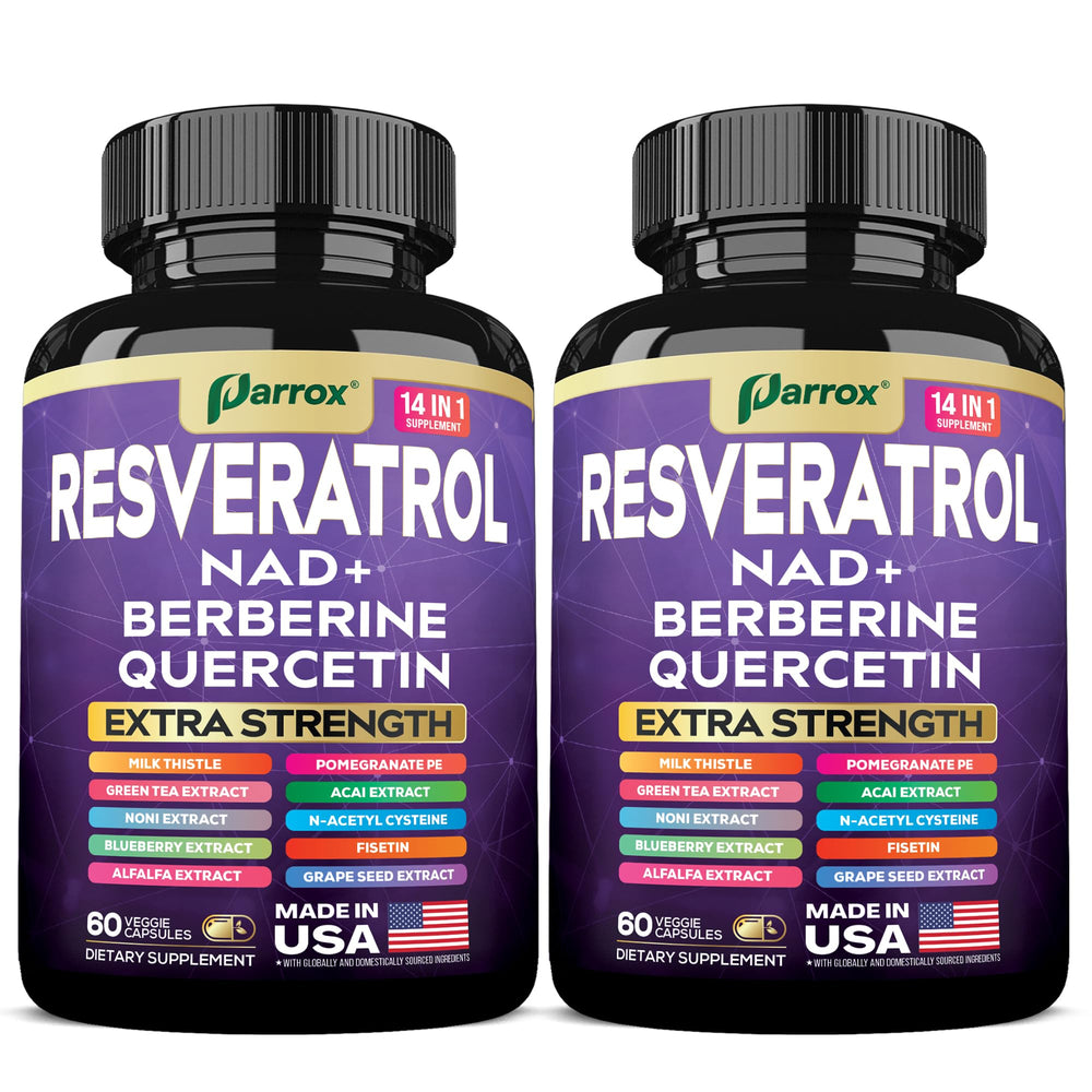 Bottle of Resveratrol 14-in-1 Extra Strength supplement with 120 capsules