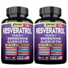 Bottle of Resveratrol 14-in-1 Extra Strength supplement with 120 capsules
