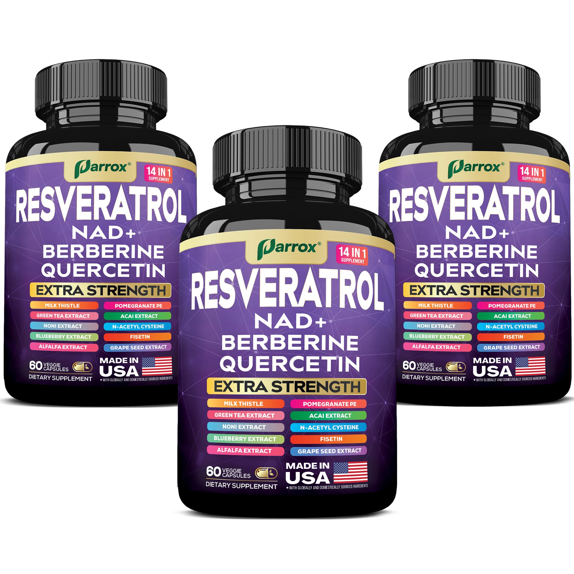 Parrox Resveratrol 14-in-1 supplement bottle front label