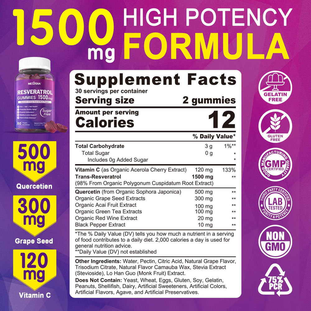 Ingredients panel with quercetin, green tea, acai, and grape seed