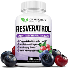 Front view of Extra Strength Resveratrol 1568mg bottle with 180 capsules