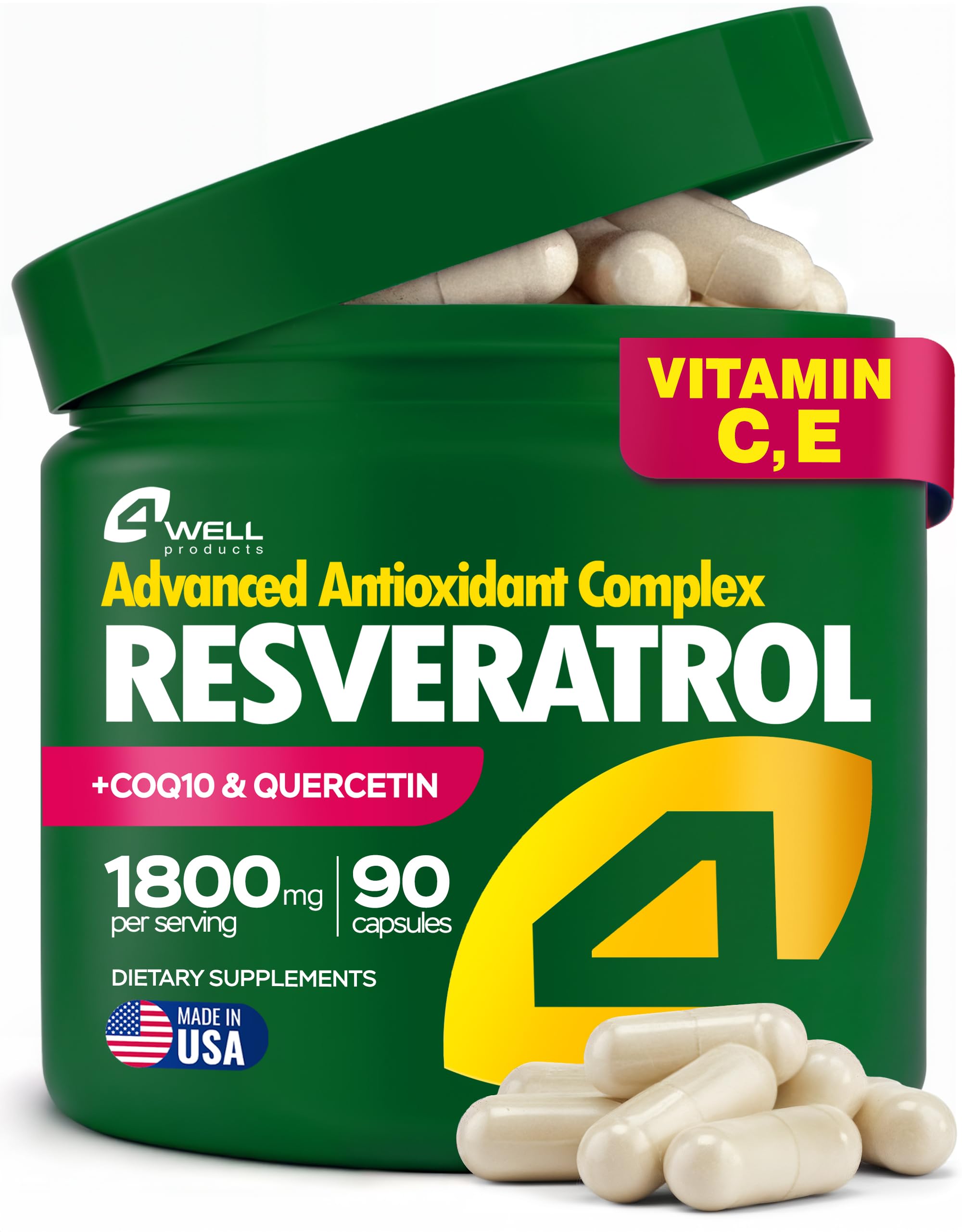 Bottle of Resveratrol 1800mg Complex with COQ10 and vitamins