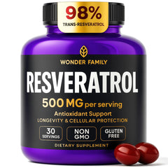 Bottle of Resveratrol Supplement 500mg with 98% trans-resveratrol in an Organic Complex
