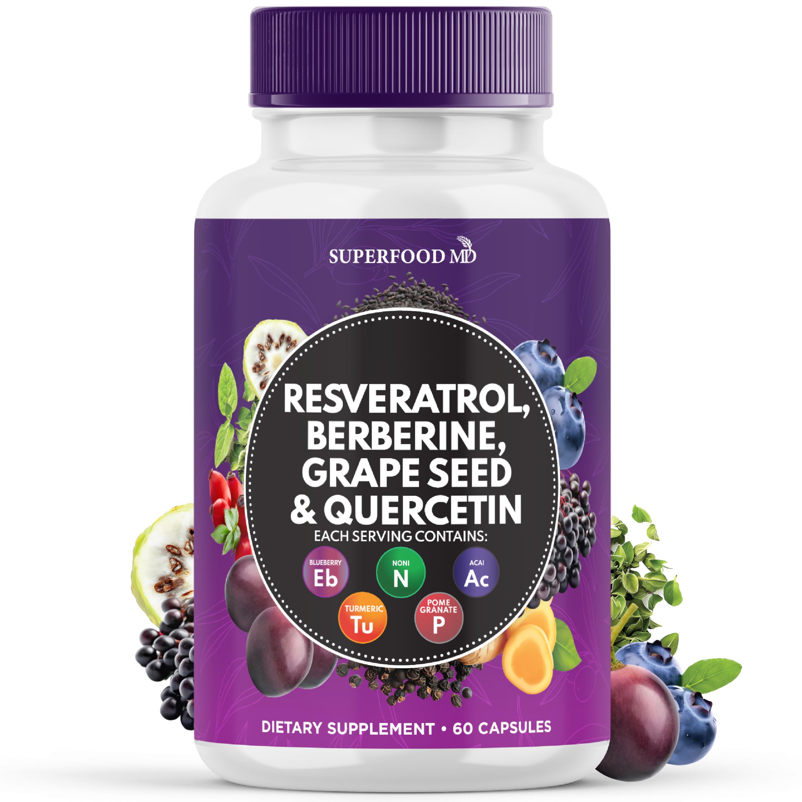 Bottle label showing Resveratrol Berberine Quercetin Polyphenol Supplement