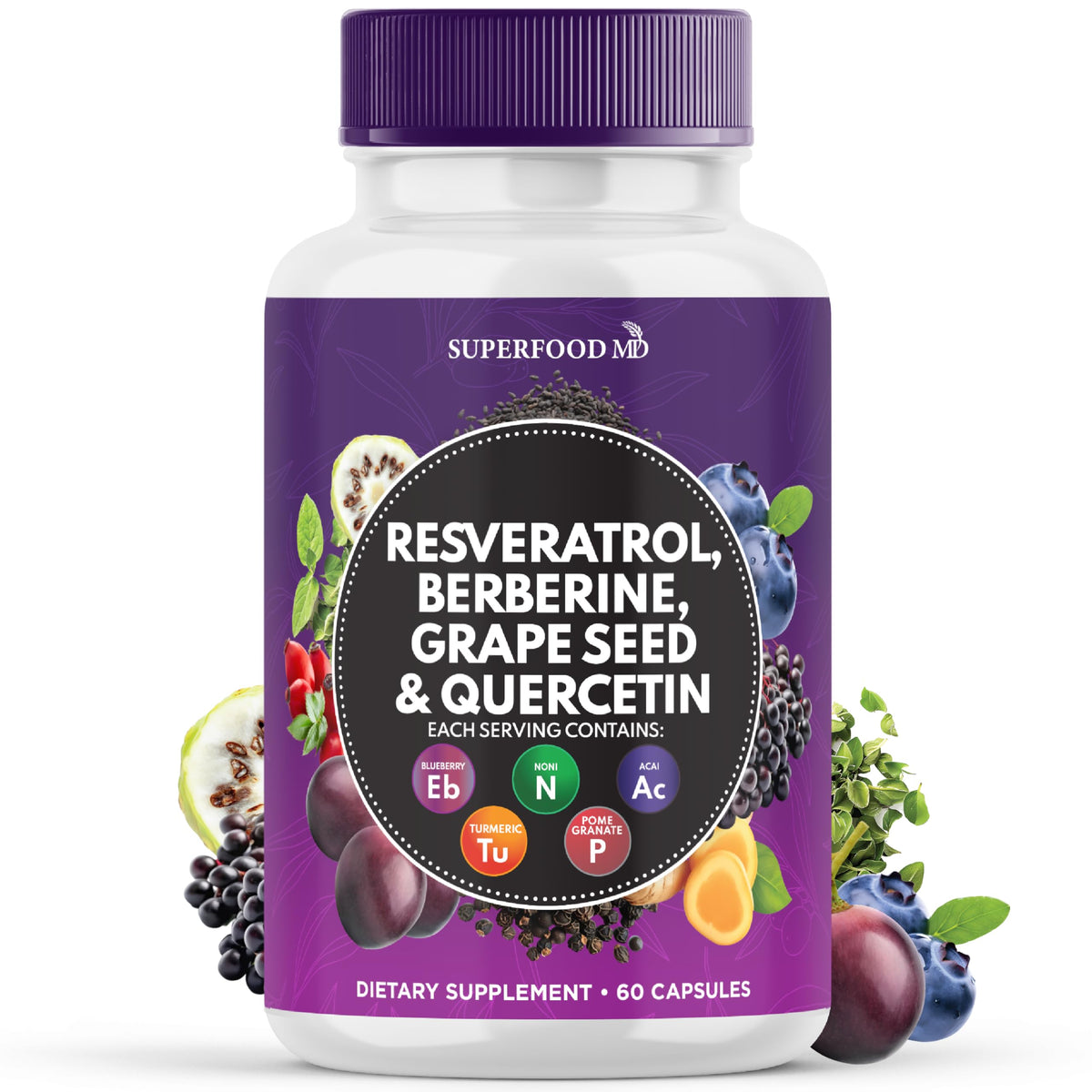 Bottle label showing Resveratrol Berberine Quercetin Polyphenol Supplement