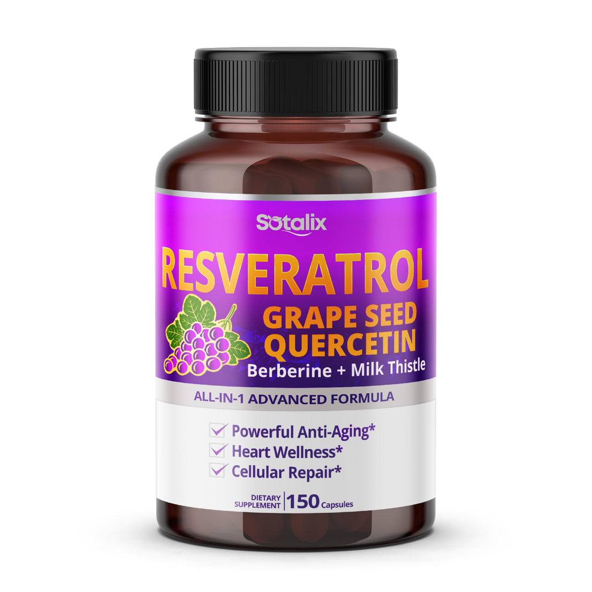 Bottle of Sotalix Resveratrol with Grape Seed, Quercetin, Berberine and Milk Thistle, USA Made