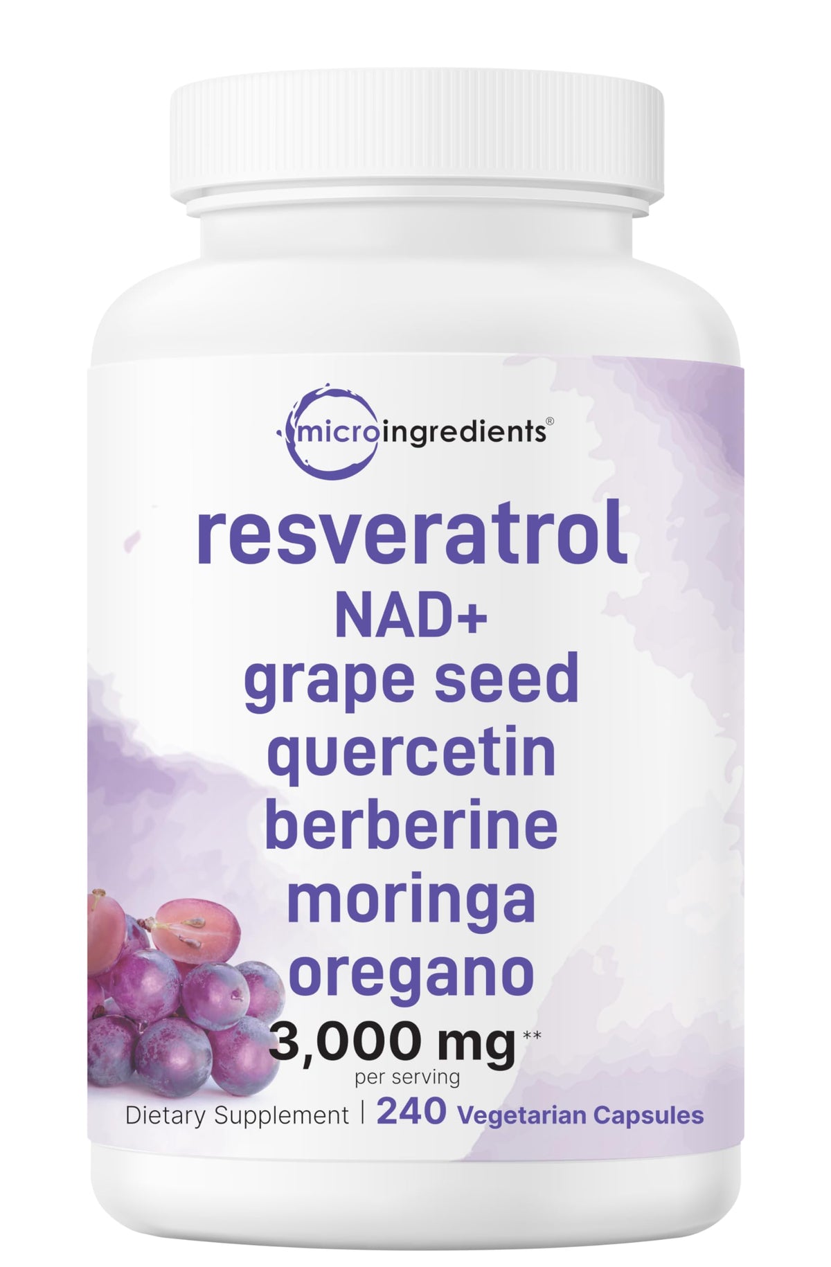 Hero image of Resveratrol NAD supplement bottle with 240 veggie capsules