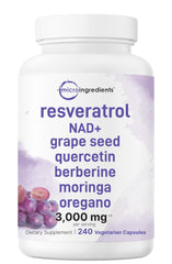 Hero image of Resveratrol NAD supplement bottle with 240 veggie capsules